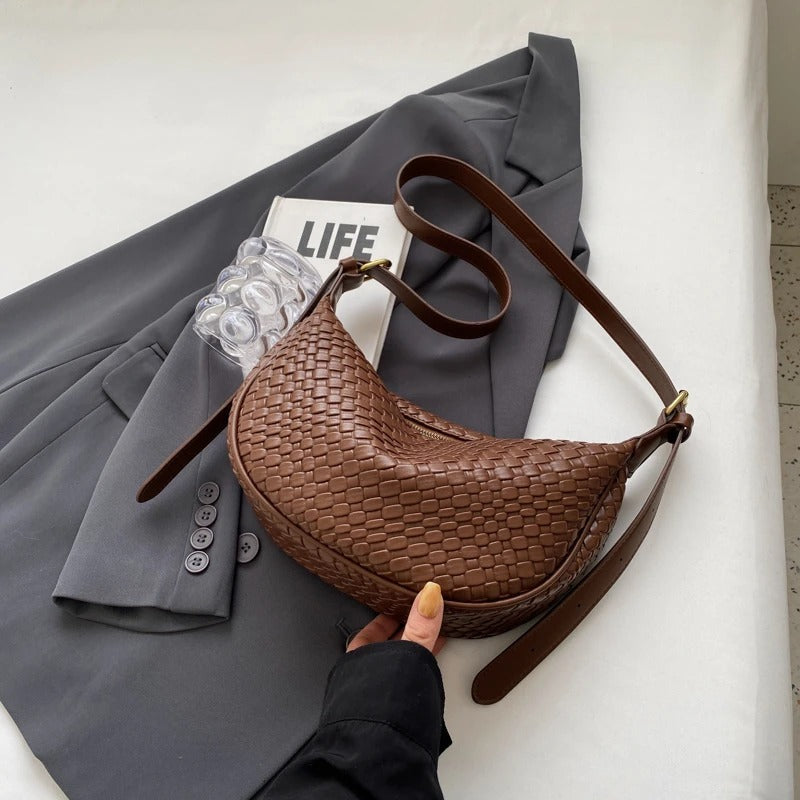 Valantomode | The Tesla Interlace Garrison – Women's Premium Braided Vegan Leather Half-Moon Handbag