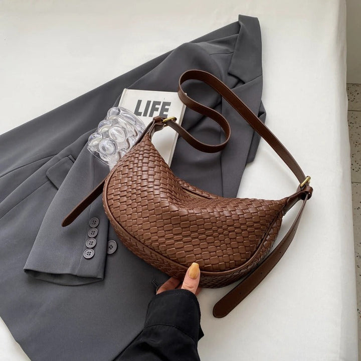 Valantomode | The Tesla Interlace Garrison – Women's Premium Braided Vegan Leather Half-Moon Handbag