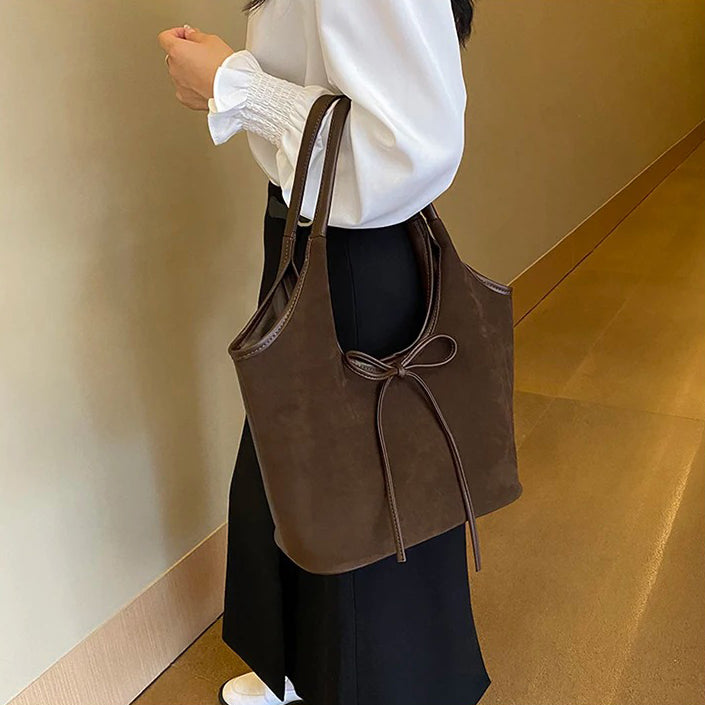 Valantomode | Velvet Ribbon Garrison – Premium Vegan Suede Tote with Soft-Touch Handle Straps