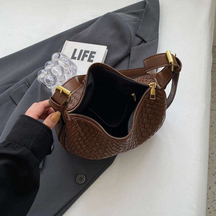 Valantomode | The Tesla Interlace Garrison – Women's Premium Braided Vegan Leather Half-Moon Handbag