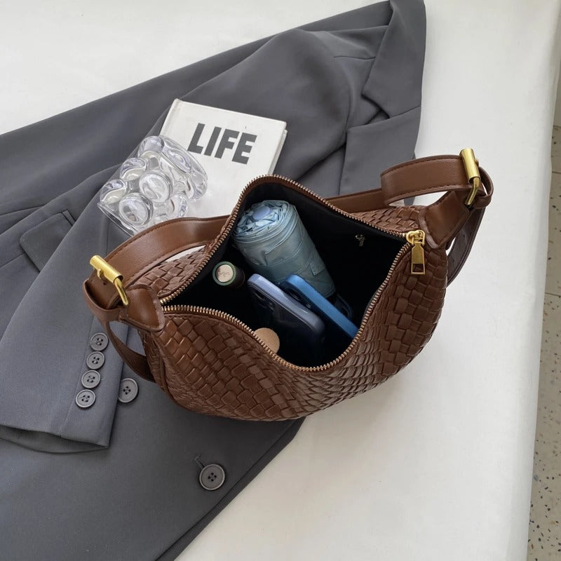 Valantomode | The Tesla Interlace Garrison – Women's Premium Braided Vegan Leather Half-Moon Handbag