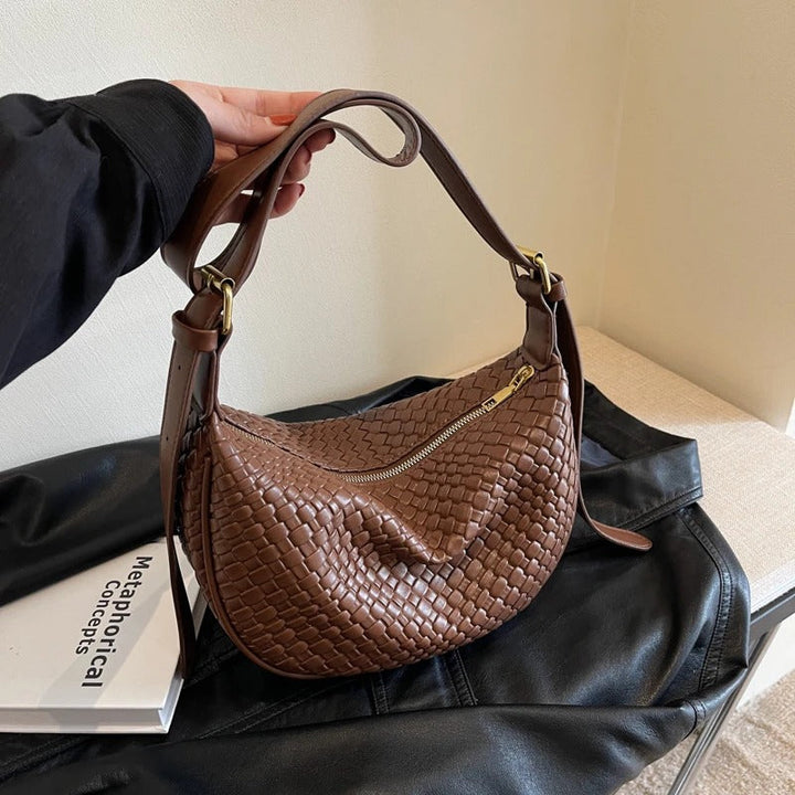 Valantomode | The Tesla Interlace Garrison – Women's Premium Braided Vegan Leather Half-Moon Handbag