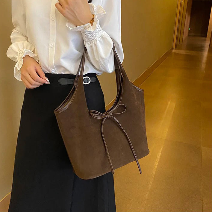 Valantomode | Velvet Ribbon Garrison – Premium Vegan Suede Tote with Soft-Touch Handle Straps