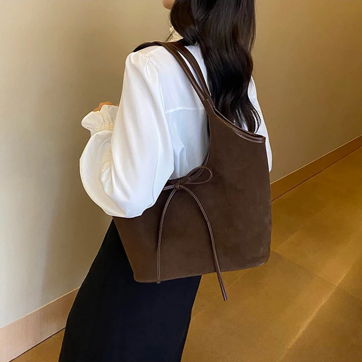 Valantomode | Velvet Ribbon Garrison – Premium Vegan Suede Tote with Soft-Touch Handle Straps