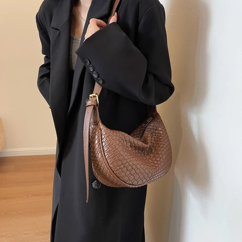 Valantomode | The Tesla Interlace Garrison – Women's Premium Braided Vegan Leather Half-Moon Handbag