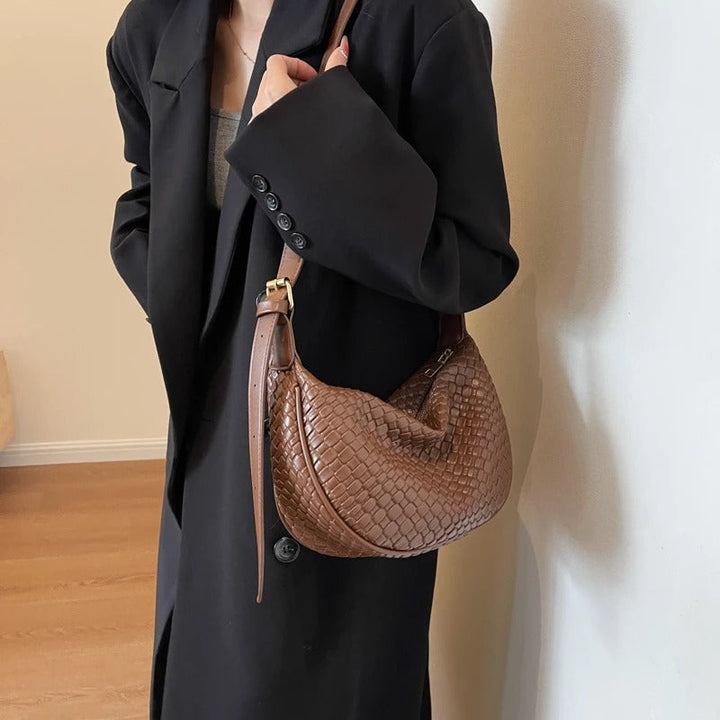 Valantomode | The Tesla Interlace Garrison – Women's Premium Braided Vegan Leather Half-Moon Handbag