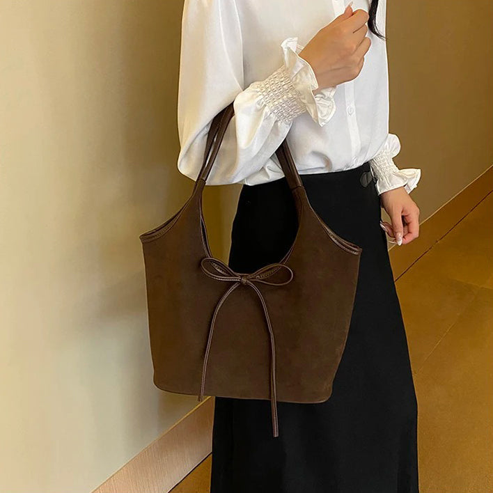 Valantomode | Velvet Ribbon Garrison – Premium Vegan Suede Tote with Soft-Touch Handle Straps