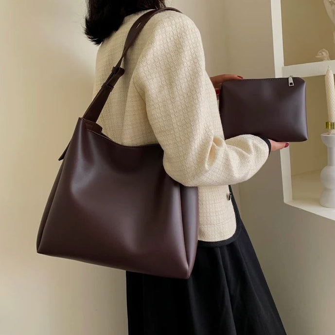Valantomode | Luna Minimalist Hobo – Premium Vegan Leather Wide-Strap Shoulder Bag with Pouch