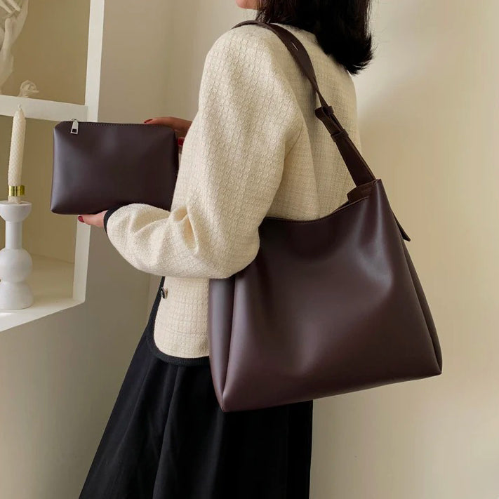 Valantomode | Luna Minimalist Hobo – Premium Vegan Leather Wide-Strap Shoulder Bag with Pouch