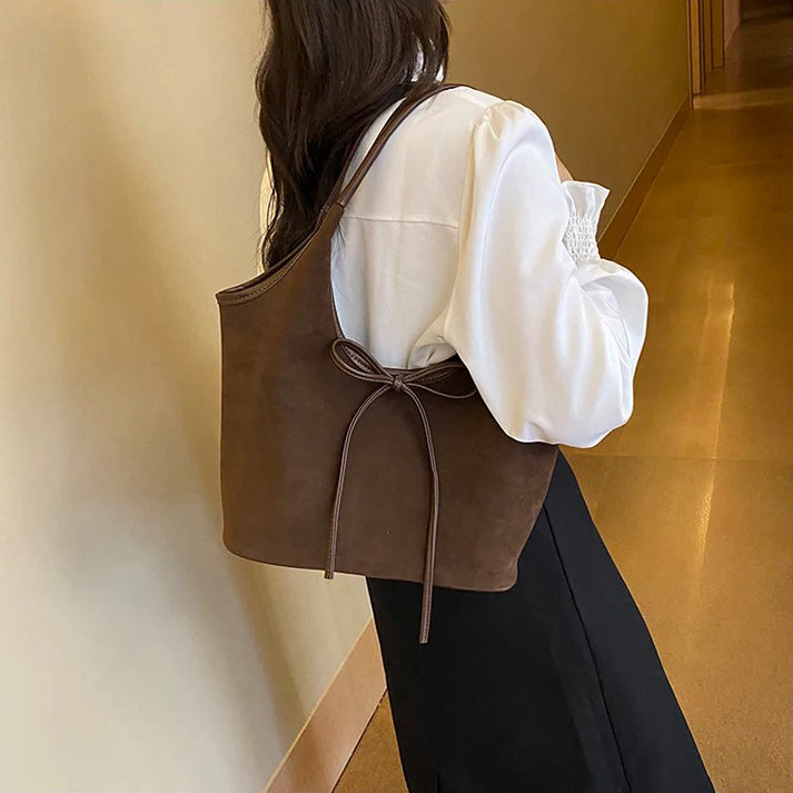 Valantomode | Velvet Ribbon Garrison – Premium Vegan Suede Tote with Soft-Touch Handle Straps