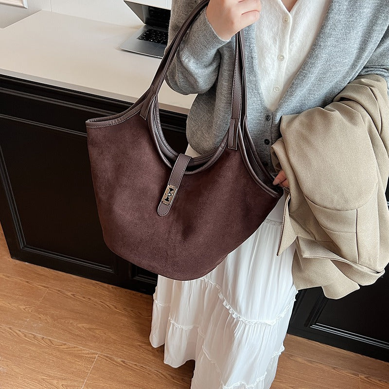Valantomode | Velvet Nexus Cube – Compact Faux Suede Business Tote with Turn-Lock & Soft-Touch Handles