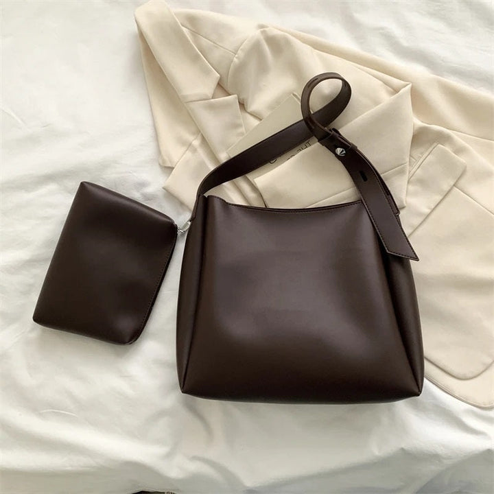 Valantomode | Luna Minimalist Hobo – Premium Vegan Leather Wide-Strap Shoulder Bag with Pouch