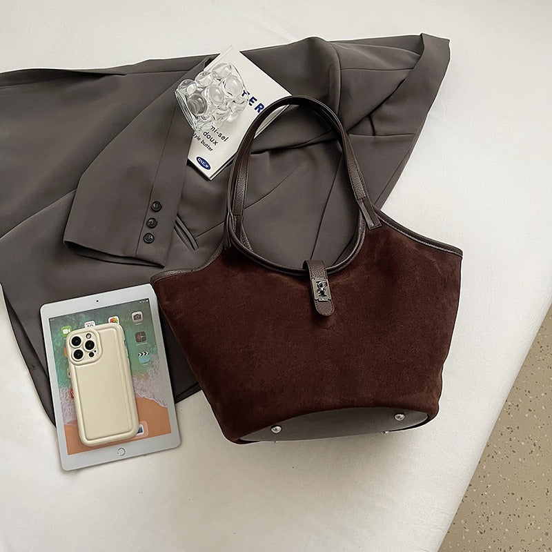 Valantomode | Velvet Nexus Cube – Compact Faux Suede Business Tote with Turn-Lock & Soft-Touch Handles