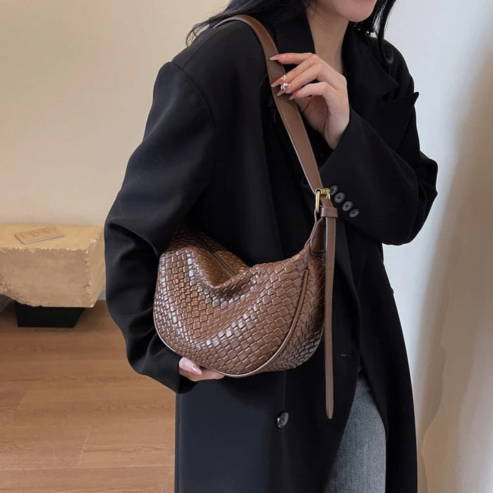 Valantomode | The Tesla Interlace Garrison – Women's Premium Braided Vegan Leather Half-Moon Handbag