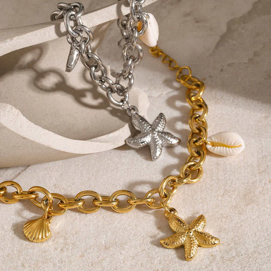 Valantomode | Plated Marine-Inspired Bracelet with Textured Starfish and Mollusk Geometry