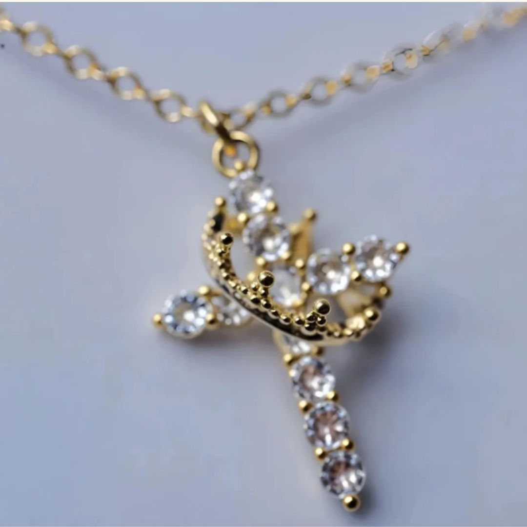 Valantomode | Plated Beatrix Crown and Cross Necklace with Cruciform Architecture and Refractive Assets