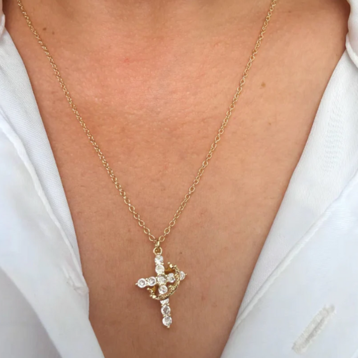 Valantomode | Plated Beatrix Crown and Cross Necklace with Cruciform Architecture and Refractive Assets