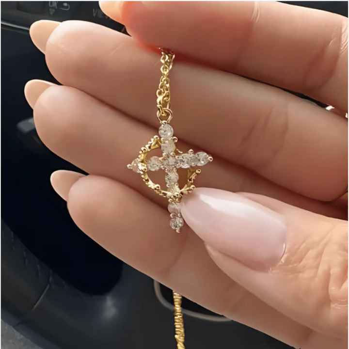 Valantomode | Plated Beatrix Crown and Cross Necklace with Cruciform Architecture and Refractive Assets
