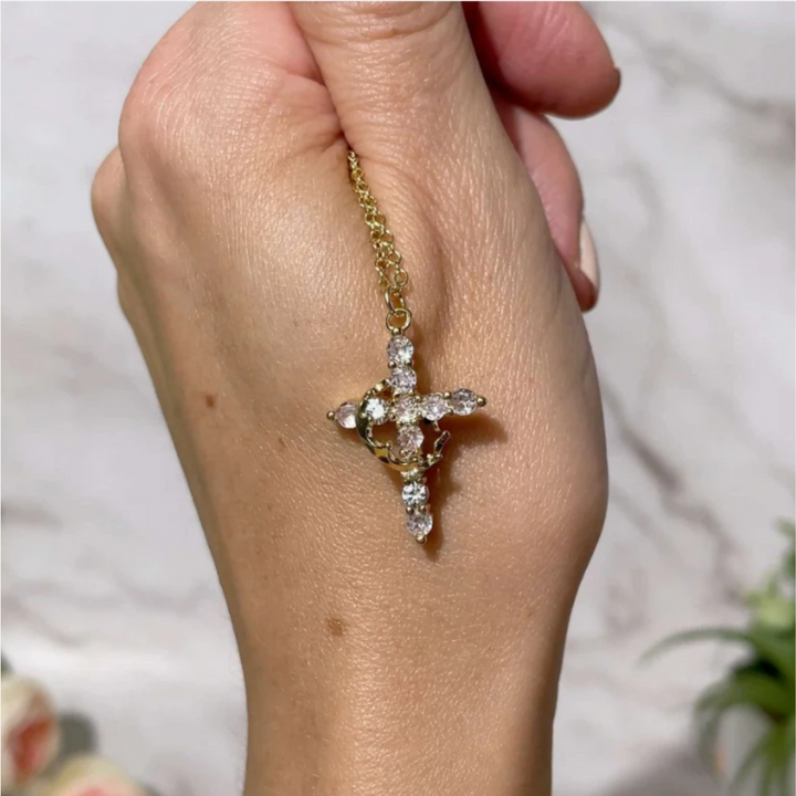Valantomode | Plated Beatrix Crown and Cross Necklace with Cruciform Architecture and Refractive Assets