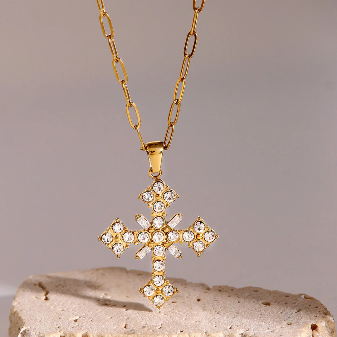 Valantomode | Plated Cruciform Pendant Necklace with High-Refractive Stone Assets