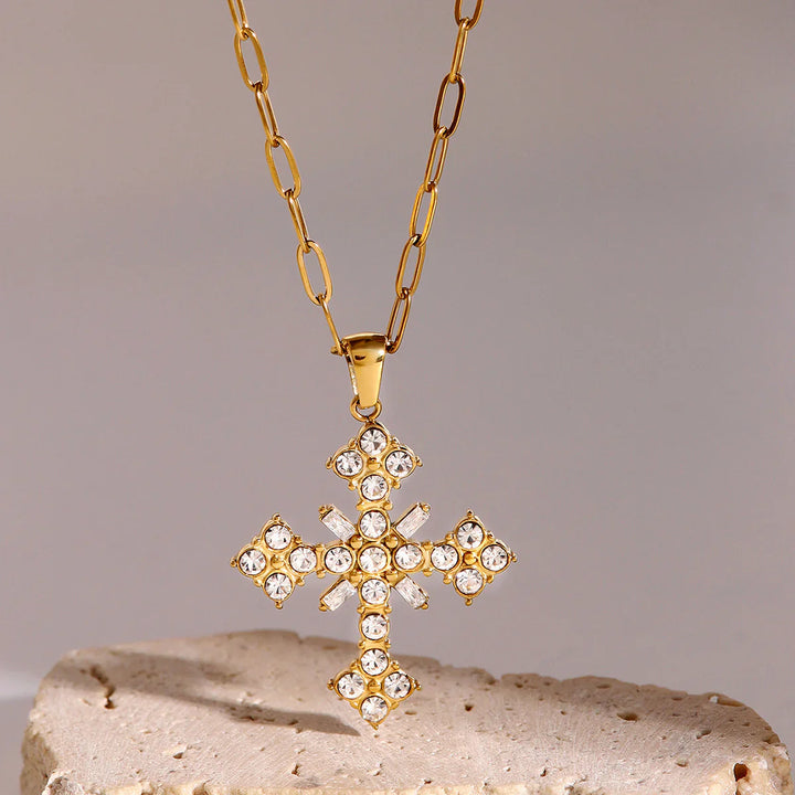 Valantomode | Plated Cruciform Pendant Necklace with High-Refractive Stone Assets