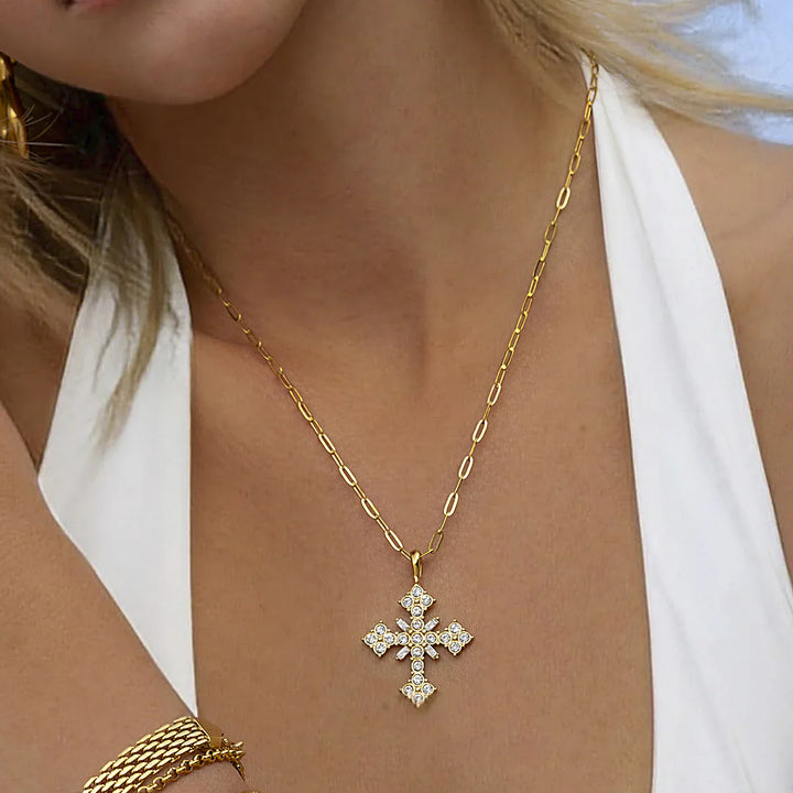 Valantomode | Plated Cruciform Pendant Necklace with High-Refractive Stone Assets
