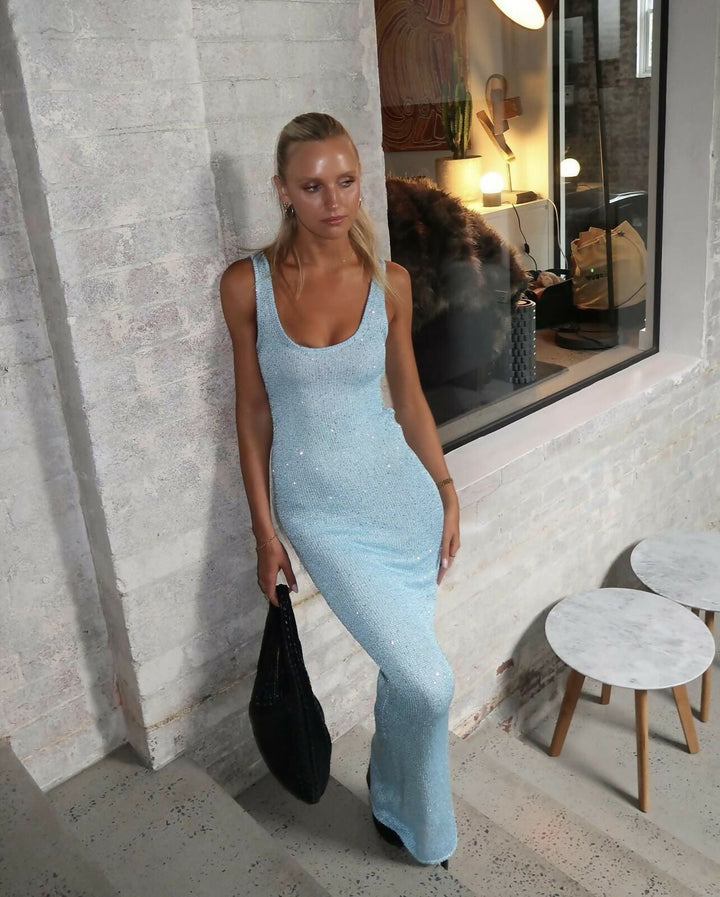 Valantomode | Sparkling Light Blue Maxi Dress for Stunning Elegance