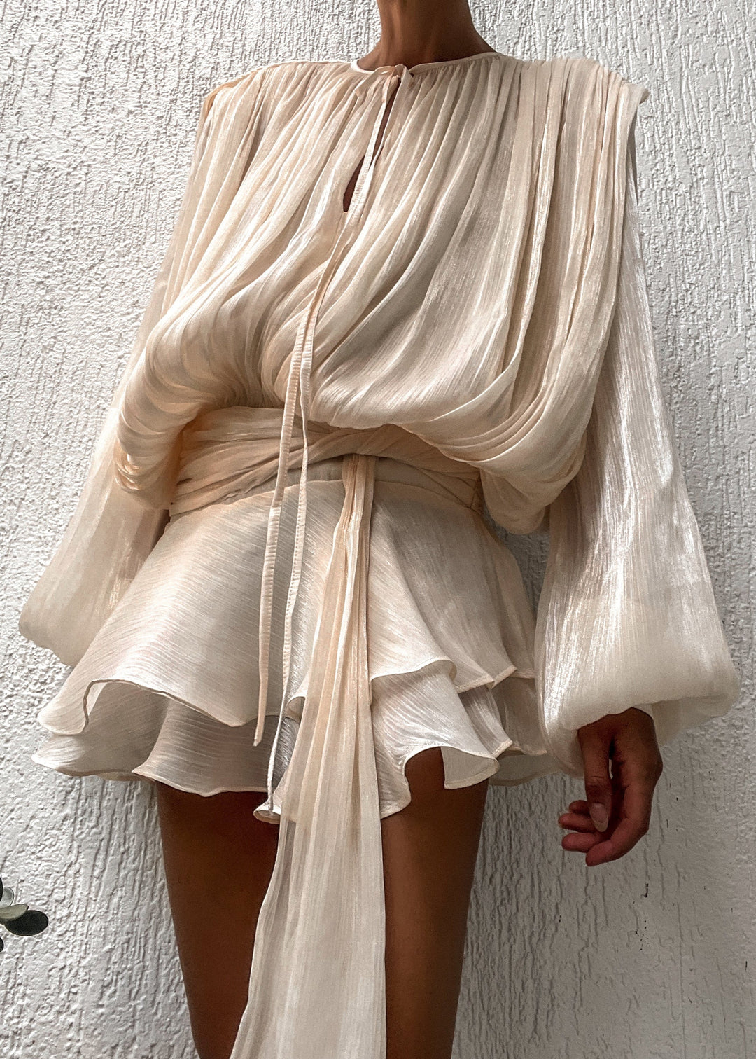 Valantomode | Chic Champagne Mini Dress with Pleats and Pearl Accents