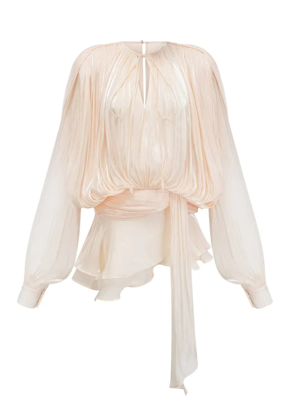Valantomode | Chic Champagne Mini Dress with Pleats and Pearl Accents