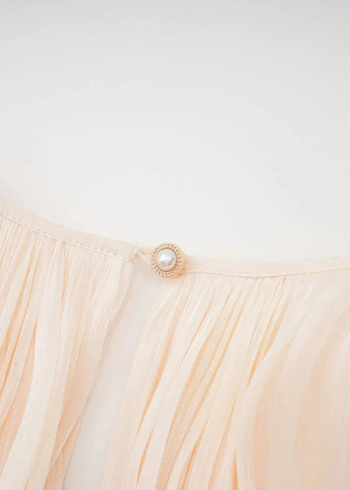 Valantomode | Chic Champagne Mini Dress with Pleats and Pearl Accents