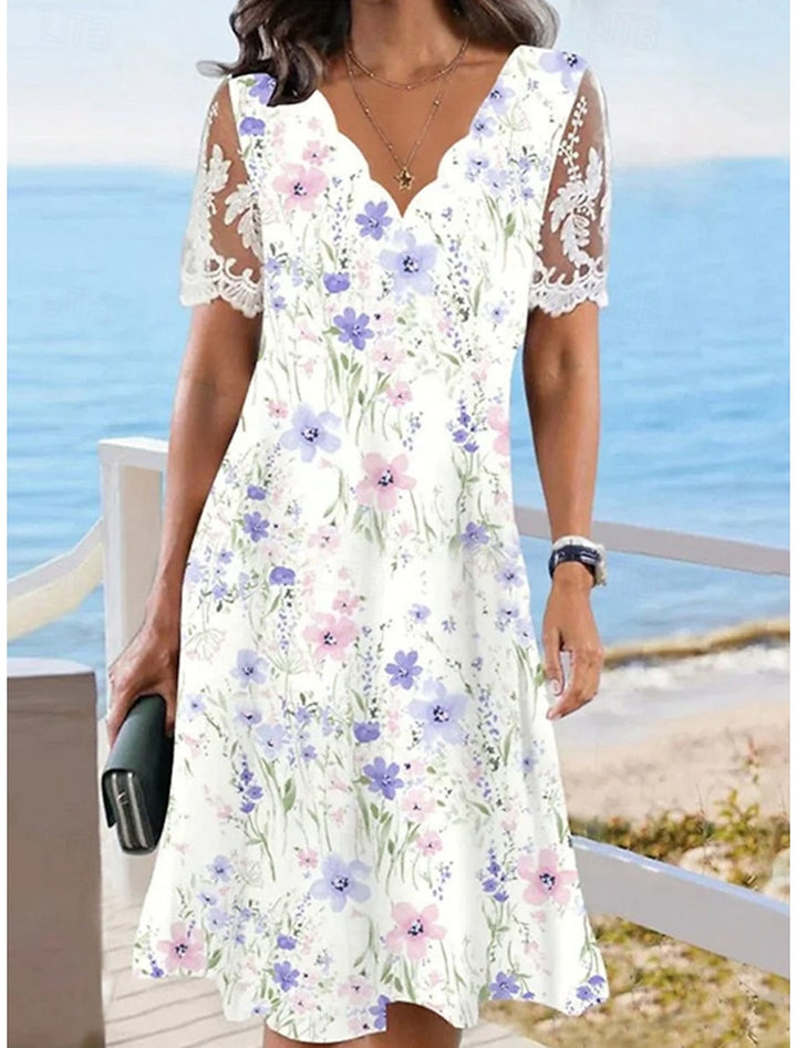 Valantomode | Charming Floral Midi Dress with Lace Detail for Women