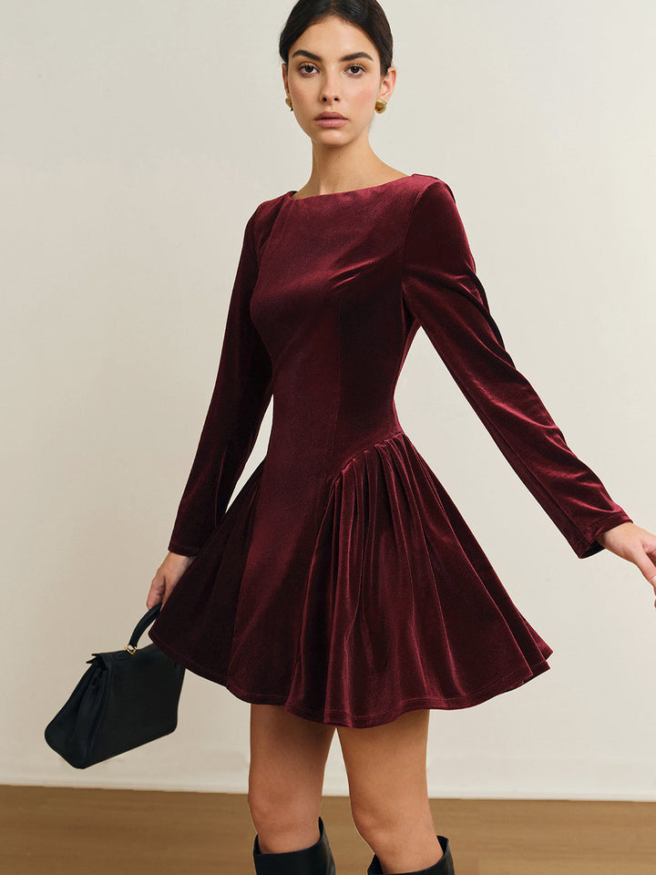 Valantomode | Elegant Velvet Pleated Skirt Dress for Chic Occasions