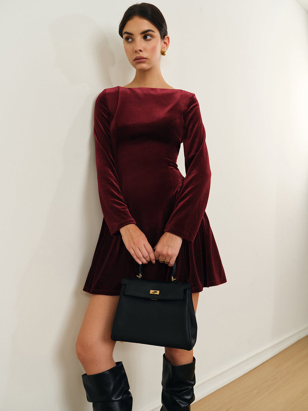Valantomode | Stylish Velvet Mini Dress with Pleated Skirt for Women