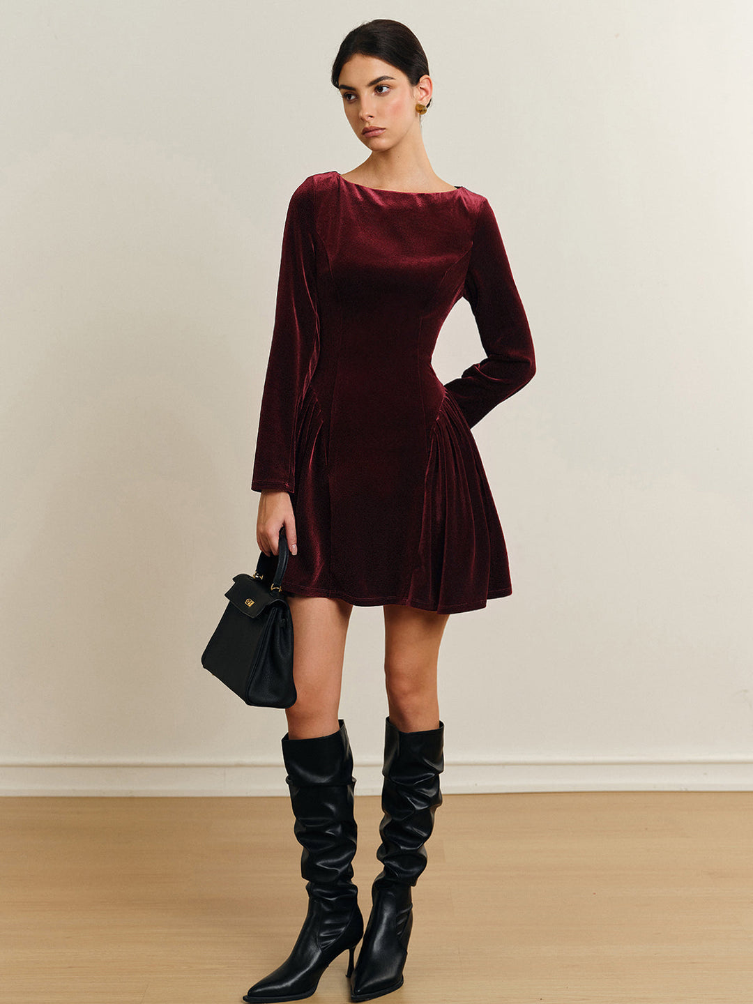 Valantomode | Stylish Velvet Mini Dress with Pleated Skirt for Women