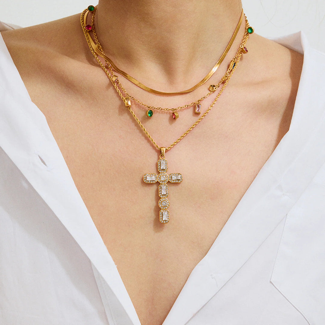 Valantomode | Plated Cruciform Pendant Necklace with High-Refractive Cubic Zirconia Assets