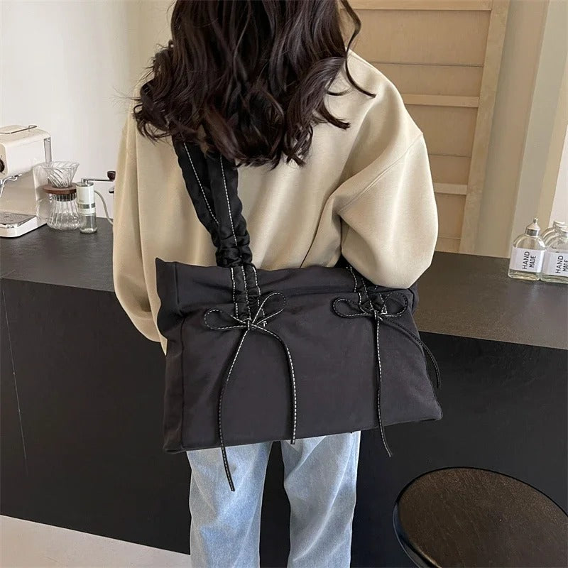 Valantomode | Luna Ribbon Kinetic Tote – Lightweight Adjustable Nylon Shoulder Bag with Ribbon Detail