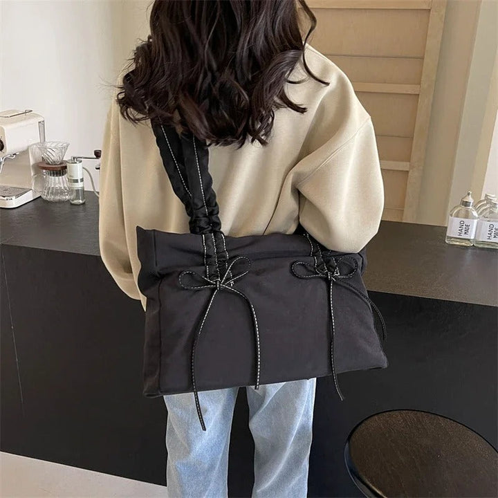 Valantomode | Luna Ribbon Kinetic Tote – Lightweight Adjustable Nylon Shoulder Bag with Ribbon Detail
