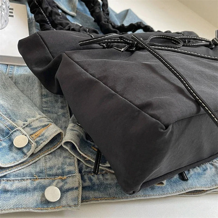 Valantomode | Luna Ribbon Kinetic Tote – Lightweight Adjustable Nylon Shoulder Bag with Ribbon Detail
