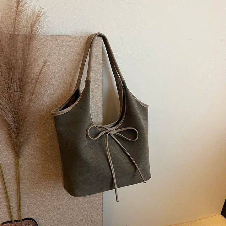Valantomode | Velvet Ribbon Garrison – Premium Vegan Suede Tote with Soft-Touch Handle Straps