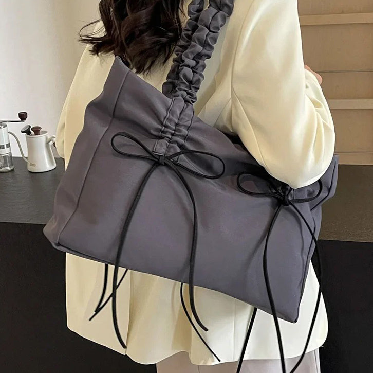 Valantomode | Luna Ribbon Kinetic Tote – Lightweight Adjustable Nylon Shoulder Bag with Ribbon Detail