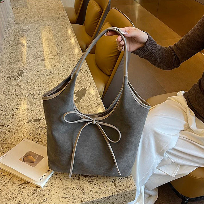 Valantomode | Velvet Ribbon Garrison – Premium Vegan Suede Tote with Soft-Touch Handle Straps