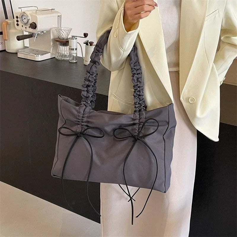 Valantomode | Luna Ribbon Kinetic Tote – Lightweight Adjustable Nylon Shoulder Bag with Ribbon Detail