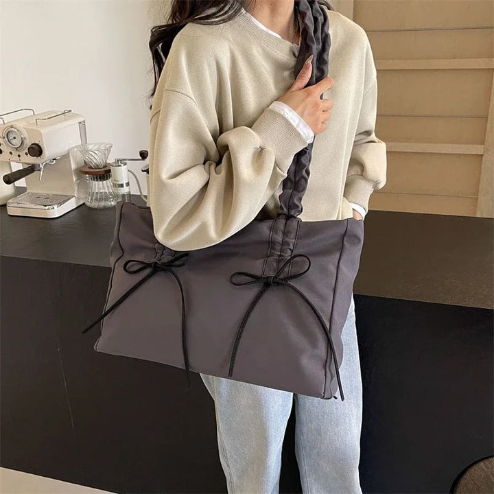 Valantomode | Luna Ribbon Kinetic Tote – Lightweight Adjustable Nylon Shoulder Bag with Ribbon Detail