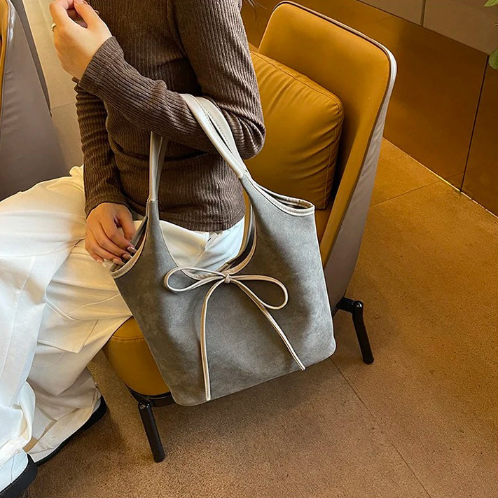 Valantomode | Velvet Ribbon Garrison – Premium Vegan Suede Tote with Soft-Touch Handle Straps