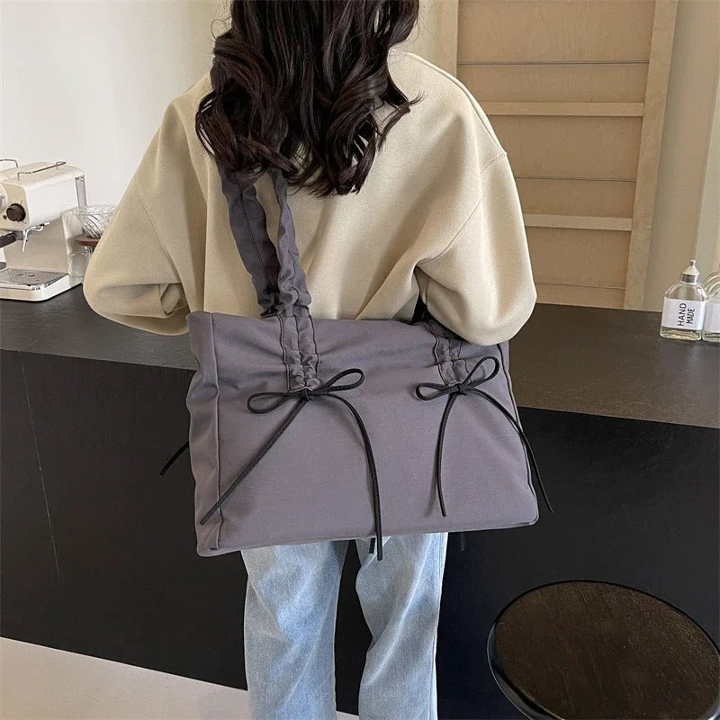 Valantomode | Luna Ribbon Kinetic Tote – Lightweight Adjustable Nylon Shoulder Bag with Ribbon Detail