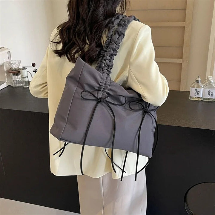 Valantomode | Luna Ribbon Kinetic Tote – Lightweight Adjustable Nylon Shoulder Bag with Ribbon Detail