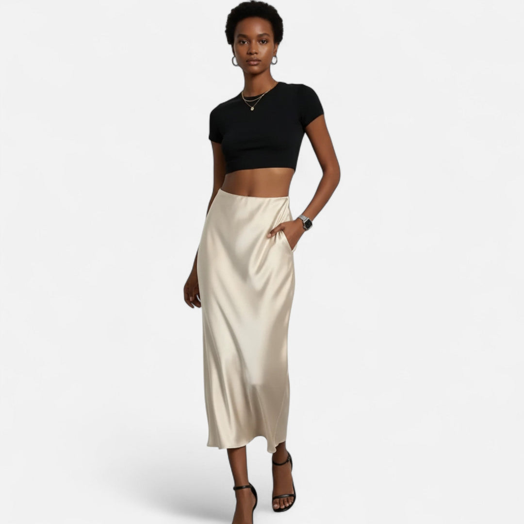 Valantomode | Women’s High-Waist Satin Midi Skirt