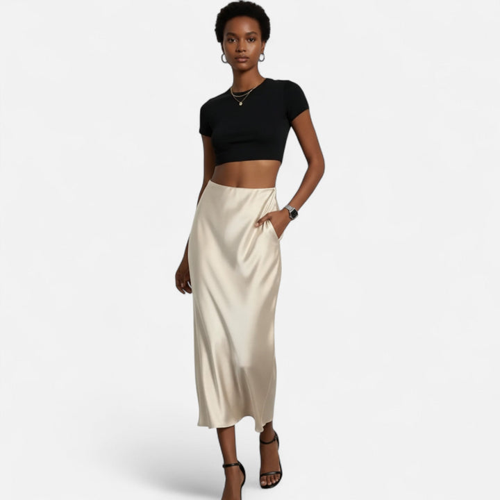 Valantomode | Women’s High-Waist Satin Midi Skirt