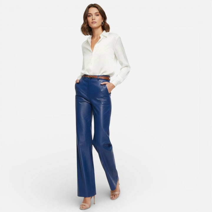 Valantomode | Women’s Faux Leather Straight-Leg Pants with Zipper Fly
