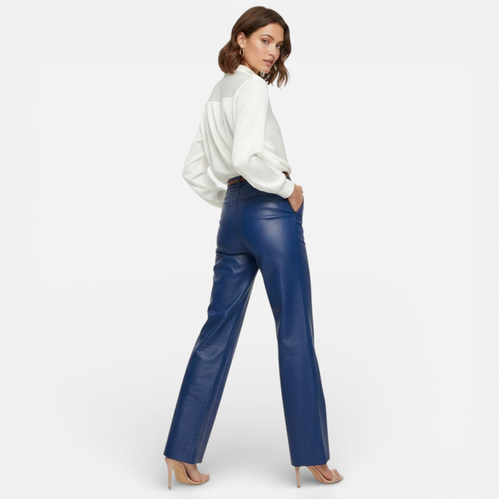 Valantomode | Women’s Faux Leather Straight-Leg Pants with Zipper Fly